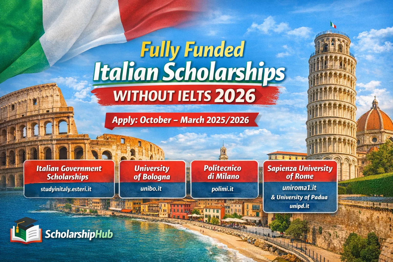Fully Funded Italian Scholarships Without IELTS 2026 | Study in Italy for Free
