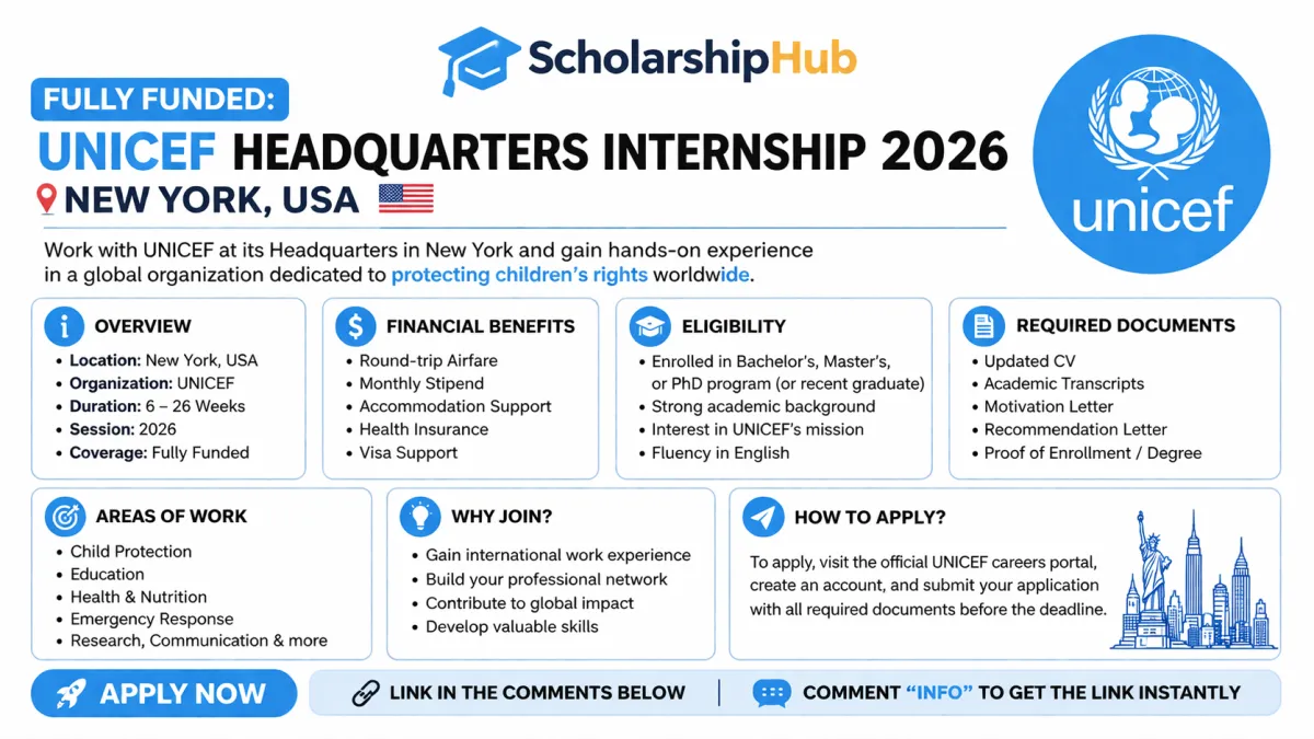 Fully Funded: UNICEF Headquarters Internship 2026 in New York, USA